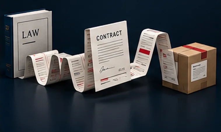 A paper trail running from a book of law to a signed contract to a shipping box.