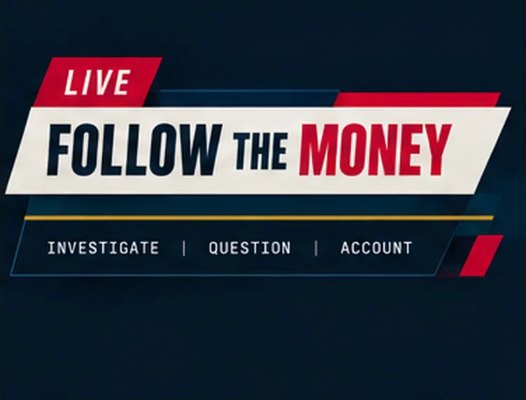 A broadcast lower-third: LIVE, FOLLOW THE MONEY, and the words investigate, question, account.