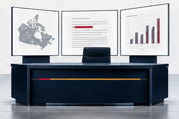 A navy anchor desk under three screens: a map of Canada, a document, a bar chart.