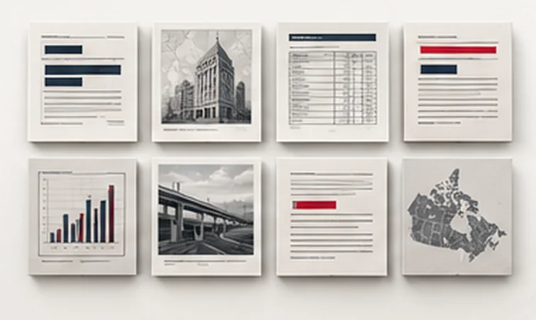 Eight separate public records laid out as cards: a statute, a building, a table, a chart, a bridge, a map.