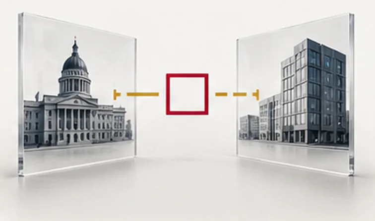 Two glass panes, a legislature on one and an office tower on the other, joined by a dashed line through an empty red box.