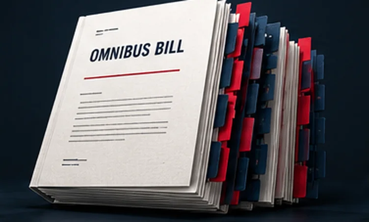 A thick bound bill marked OMNIBUS BILL, bristling with red and navy tabs.