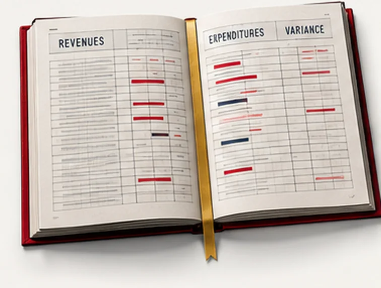 An open ledger with columns for revenues, expenditures and variance, rows marked in red.
