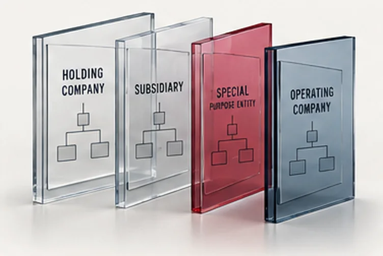 Four glass panels in a row: holding company, subsidiary, special purpose entity in red, operating company.