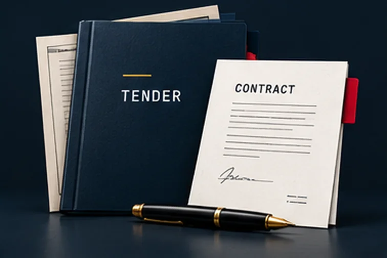 A navy tender folder beside a signed contract and a fountain pen.
