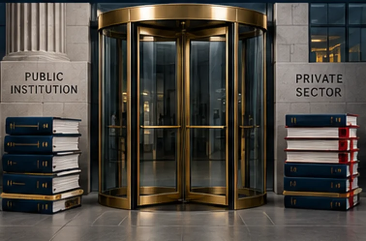 A brass revolving door between a stone wall marked PUBLIC INSTITUTION and one marked PRIVATE SECTOR, stacks of binders on each side.
