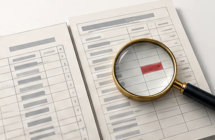 A magnifying glass over two printed tables, one cell marked red.
