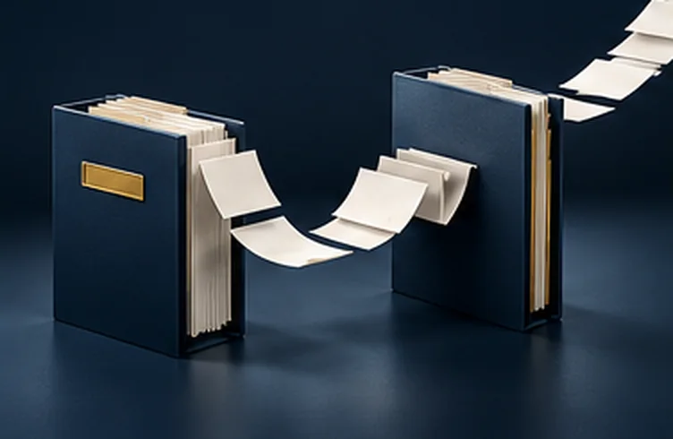 Pages arcing from one navy file box into another.