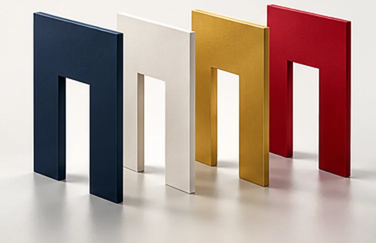 Four freestanding doorways in navy, white, gold and red.