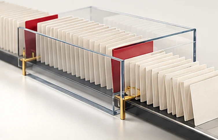A clear file box of index cards with red dividers.
