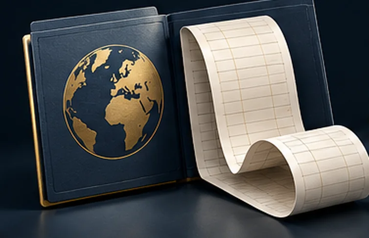 A navy folder stamped with a gold globe, one long ledger roll spilling from it.