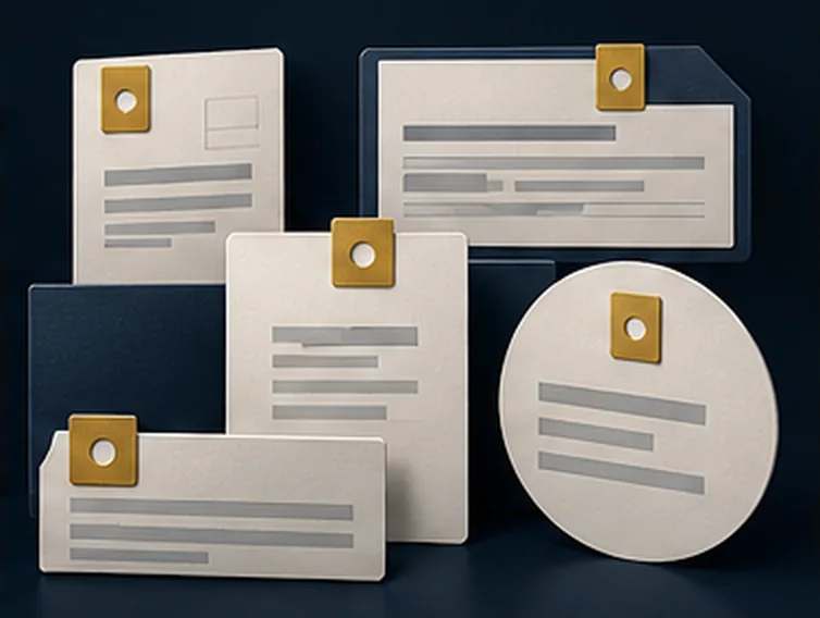 Cards and tags of different shapes, each fixed with the same gold grommet.