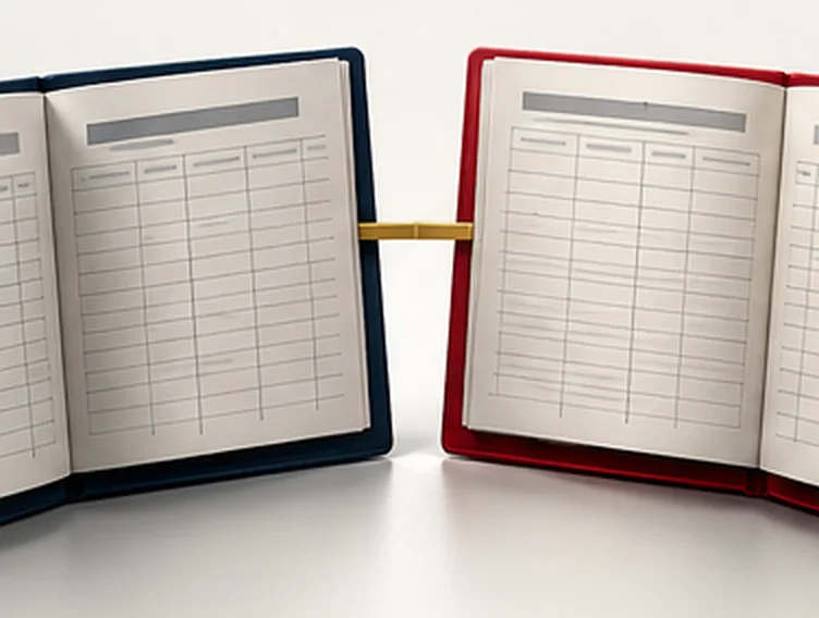 Two open ledgers, navy and red, joined by a short gold bar.