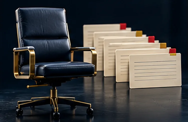 An empty navy executive chair beside a fan of tabbed personnel files.