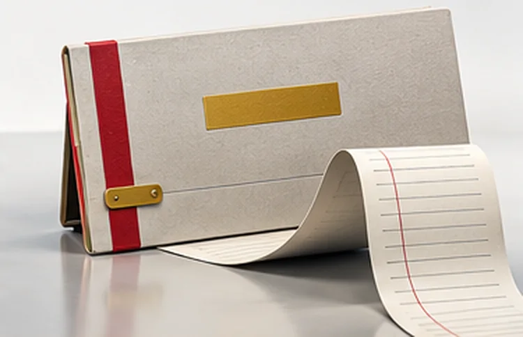 A bound appropriation volume with a gold plate, a ruled ledger strip curling out of it.