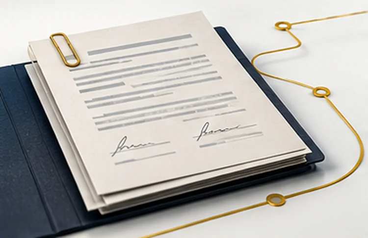 A signed loan agreement in a navy folder, a gold line running out from its clip.