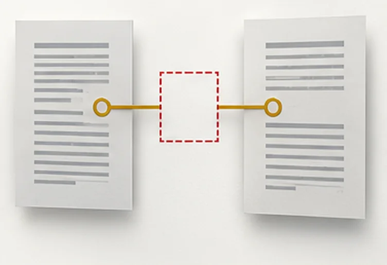 Two documents joined by a gold line that runs through an empty dashed red box.