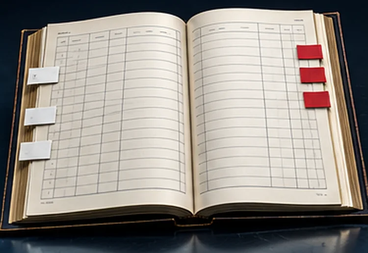 An open ledger of ruled columns, flagged in red and white.