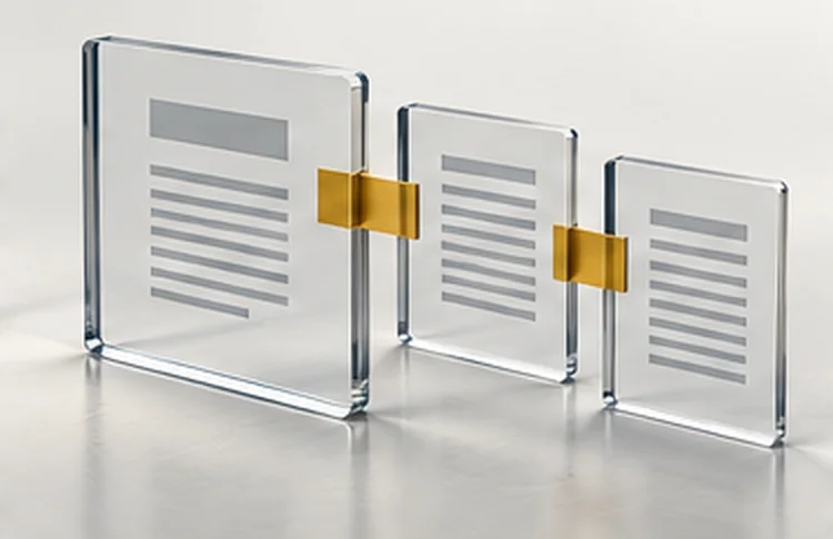 Three glass panels of records, each clipped to the next with gold.