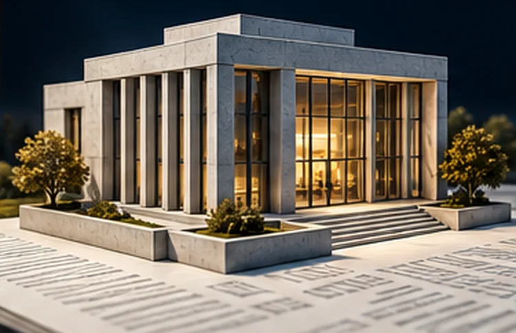 A lit public building of glass and stone set on a bed of printed text.