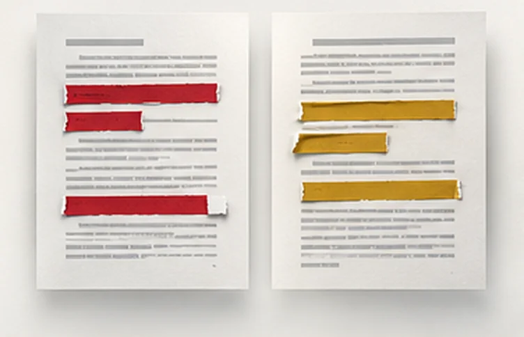 Two pages of statute side by side, struck lines taped red on one, new lines taped gold on the other.