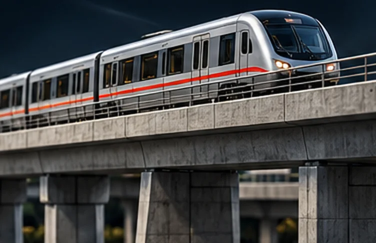 A light-rail train crossing an elevated concrete guideway.