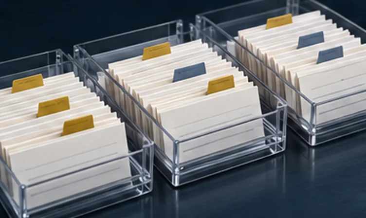 Three clear trays of filed cards, a few tabs in navy among the gold.