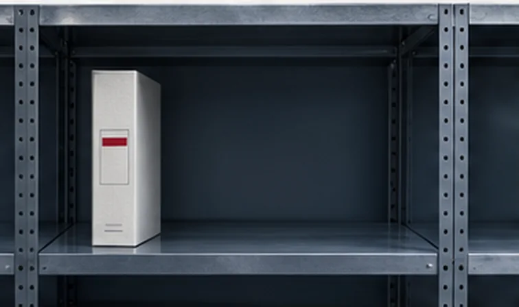 One white file standing alone on an empty steel shelf.