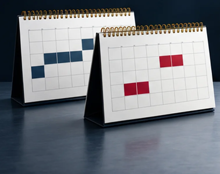 Two desk calendars side by side, one year marked in navy, the other in red, the blocks out of step.