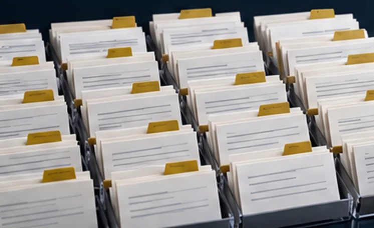 Rows of index-card trays, each card tabbed in gold.