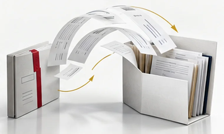 Sheets lifting out of a ribboned box and arcing into an open file box beside it.