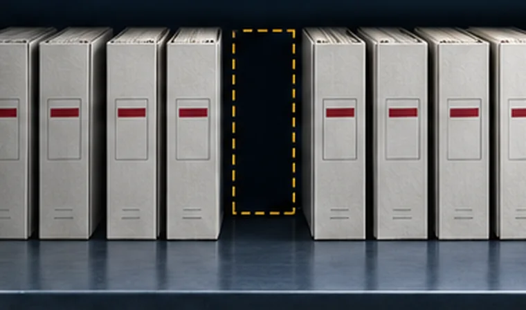 A shelf of identical binders with one dashed gap where a year should be.