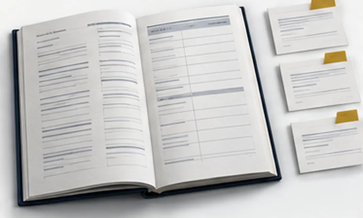 An open register of rows beside three loose gift slips tabbed in gold.