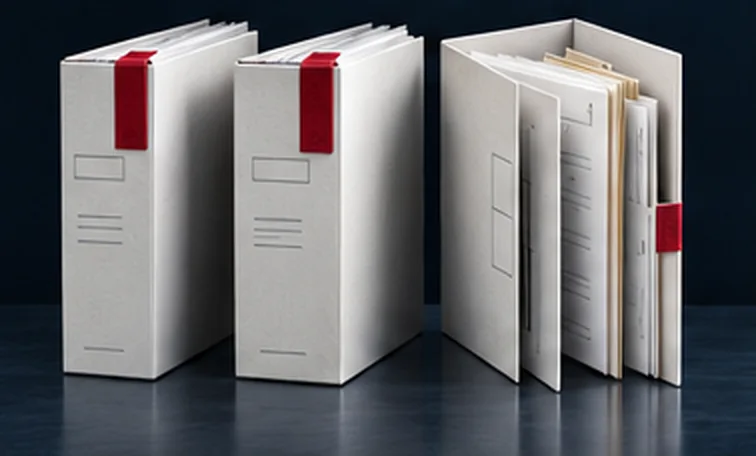 Three white registry boxes on a dark shelf, two closed with red ribbon, the third open and filling.